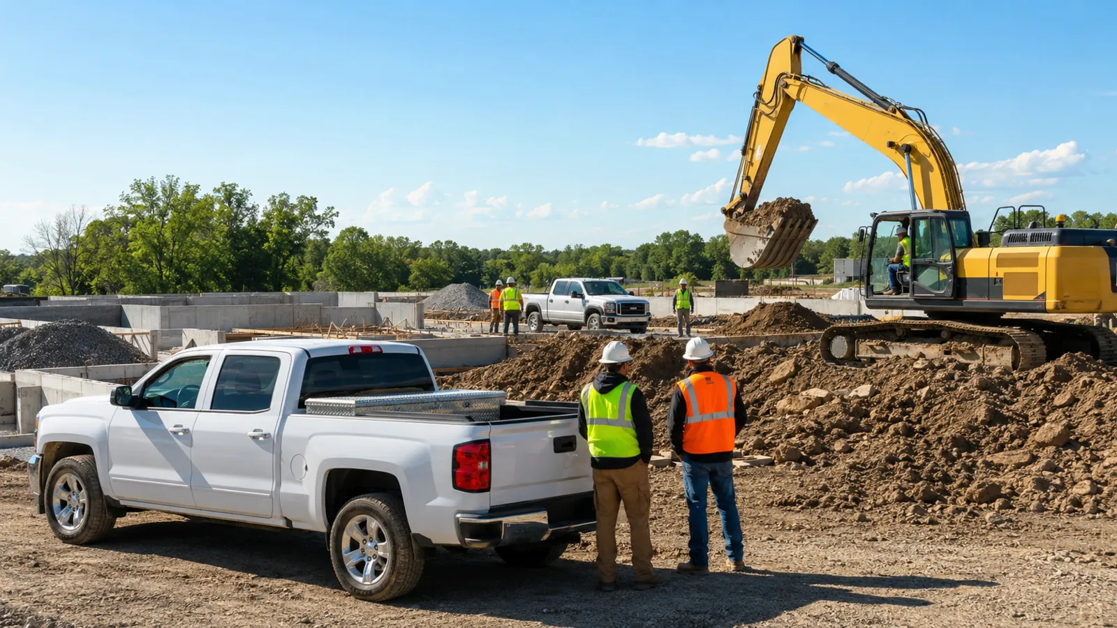 Construction crew and pickup truck at a job site