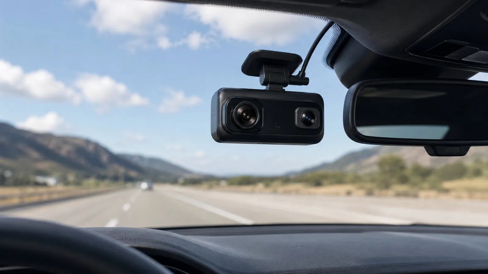 Dash camera mounted on a windshield