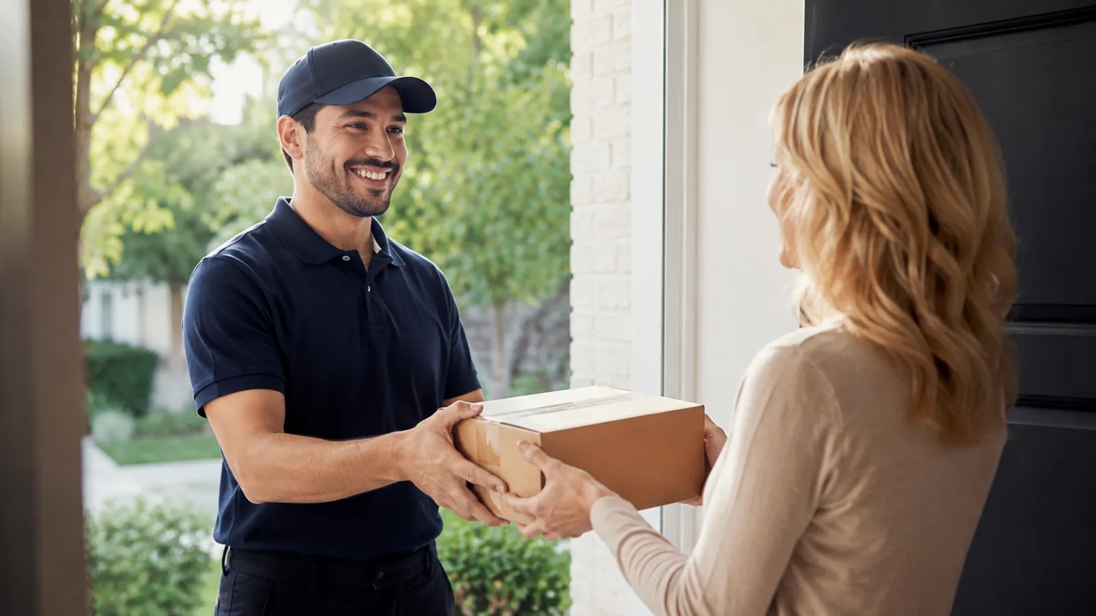 Delivery driver handing a package to a customer