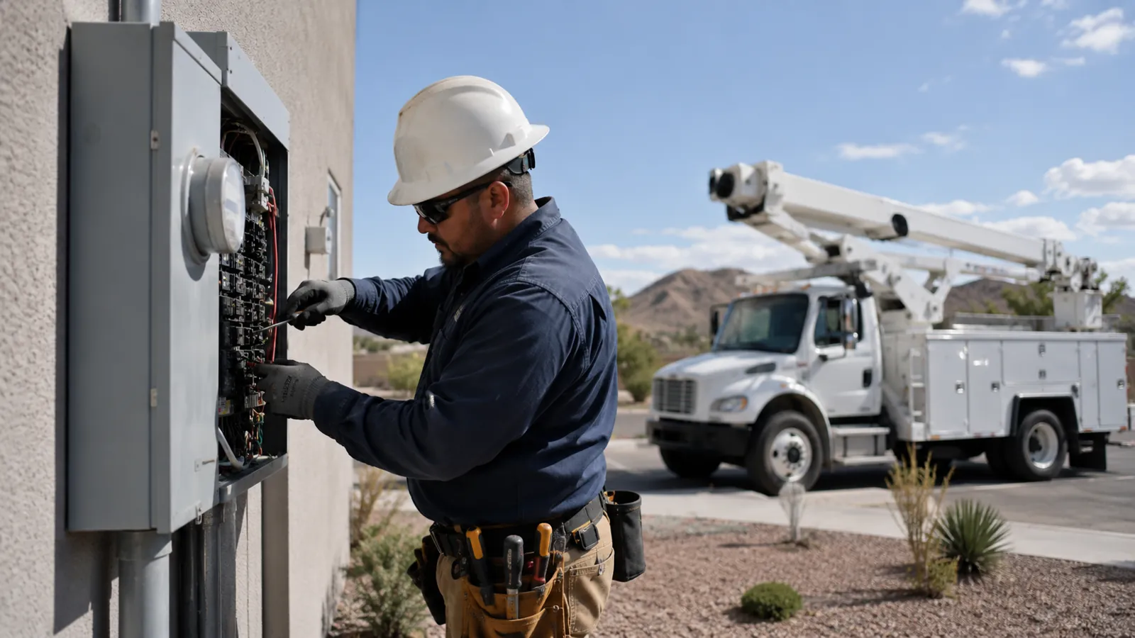 Electrician working at a panel beside a bucket truck