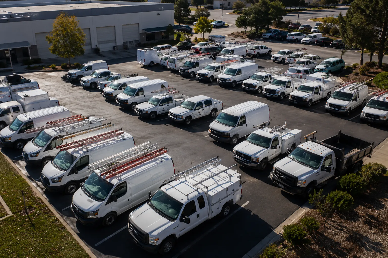 Aerial view of a service fleet parked at a depot