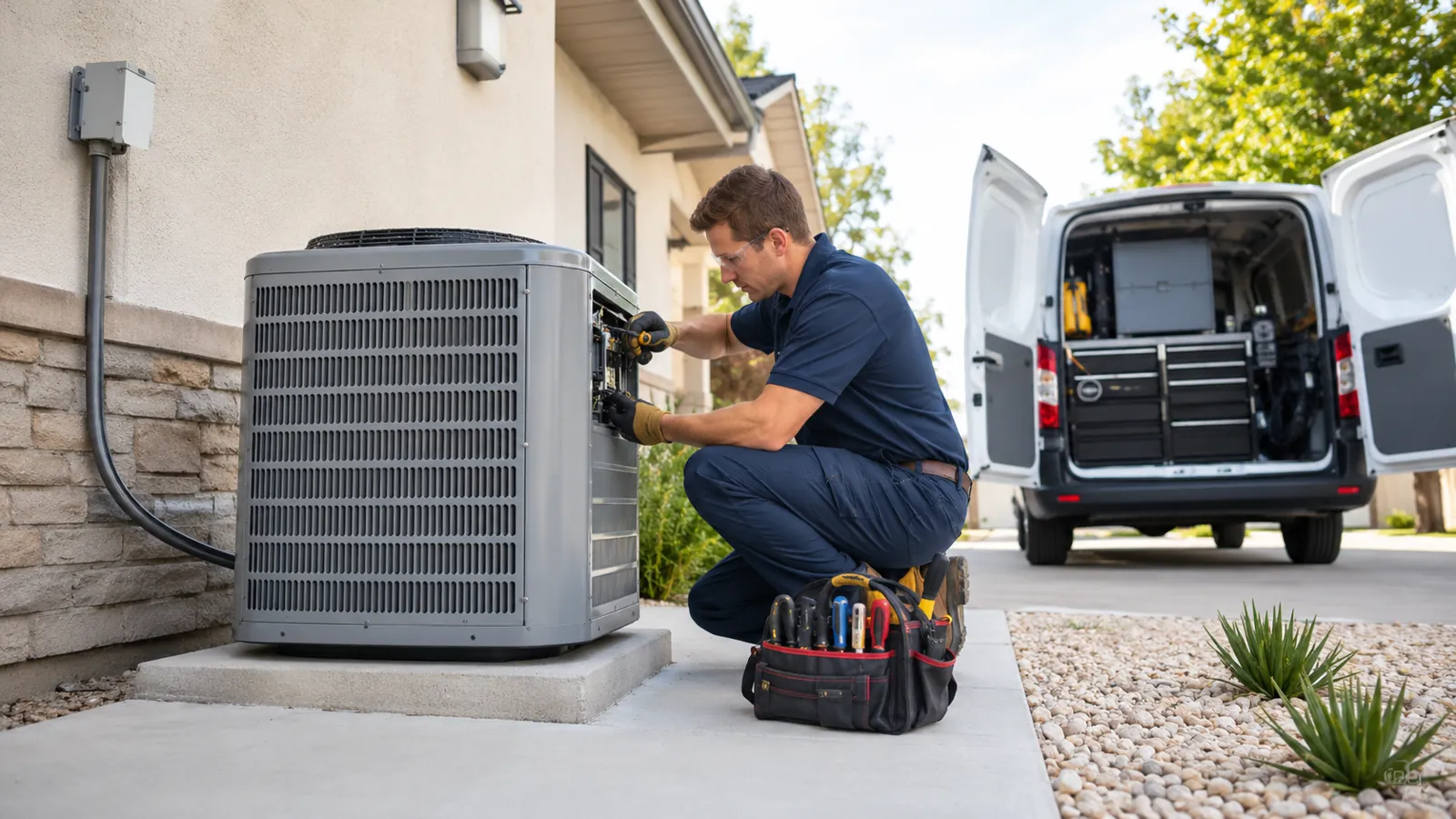 HVAC technician servicing an outdoor AC unit beside a work van