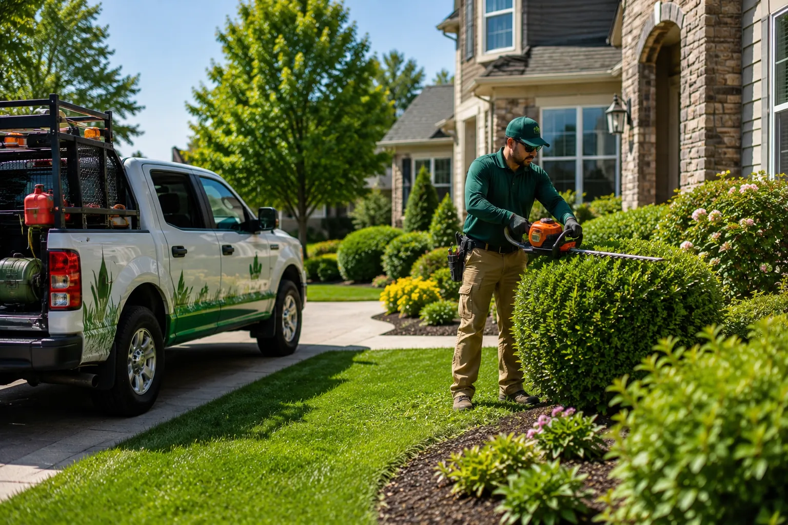 Landscaping crew working at a residential property