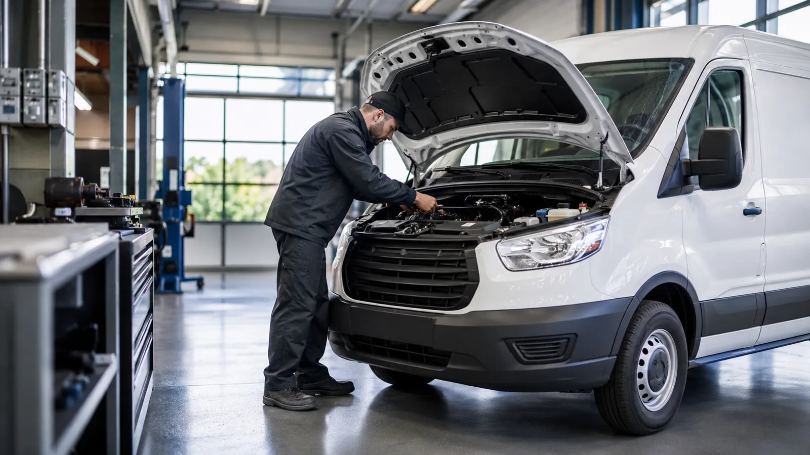 Mechanic servicing a fleet van