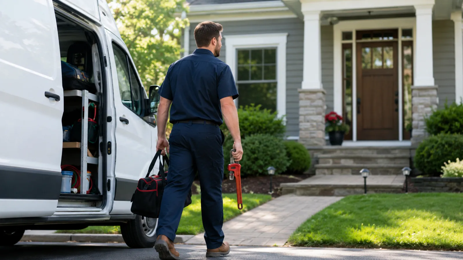 Plumber carrying tools from a work van to a house
