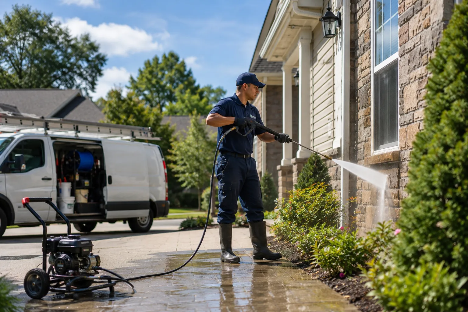 Pressure-washing technician cleaning a home exterior beside a service van