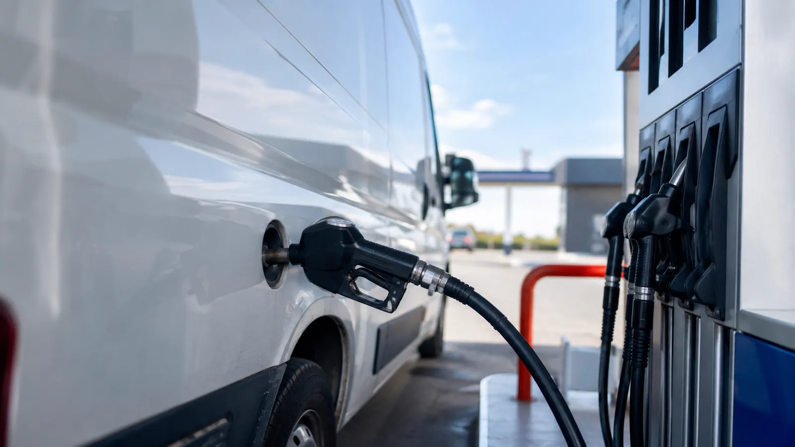 Work van being refueled at a pump